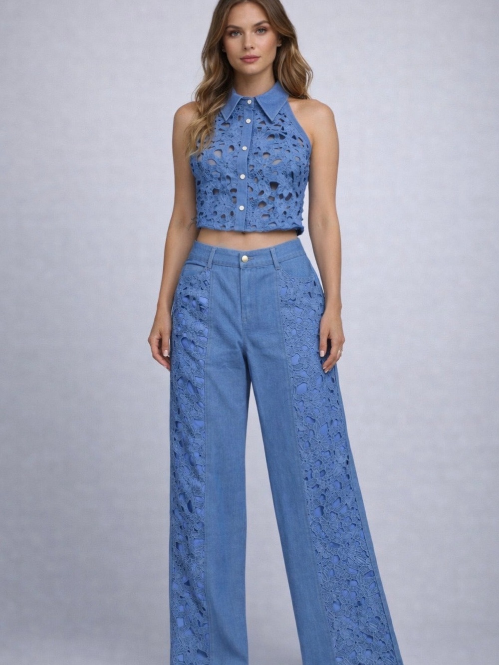 Kia Blue Eyelet Crop Top & Wide Leg Pants 2 Piece Set